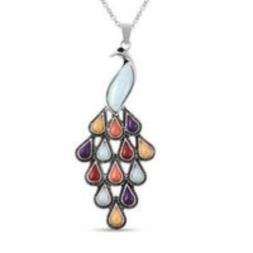 Multi Color Quartzite, Black Austrian Crystal Peacock Pendant Necklace  28